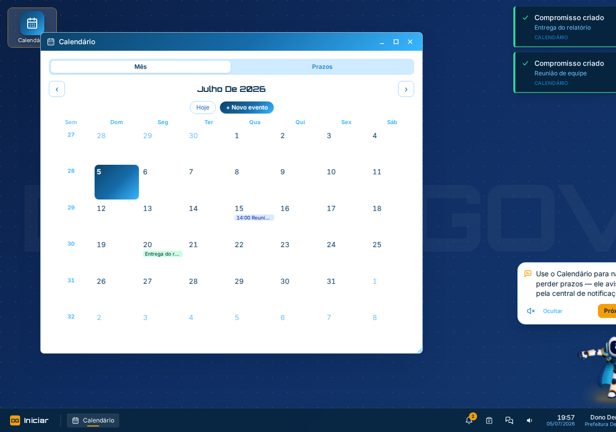 Agenda do WorkGov com a grade mensal e eventos marcados, além de avisos de compromisso criado.