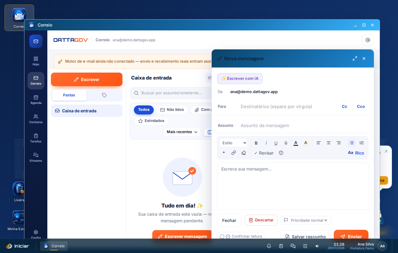 Correio do Datta WorkGov com a caixa de entrada e o compositor de nova mensagem com o botão Escrever com IA.