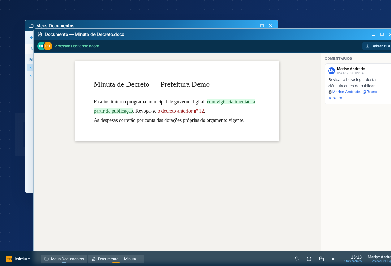 Editor de documentos do WorkGov com uma minuta de decreto sendo editada por duas pessoas, com comentários e controle de alterações.