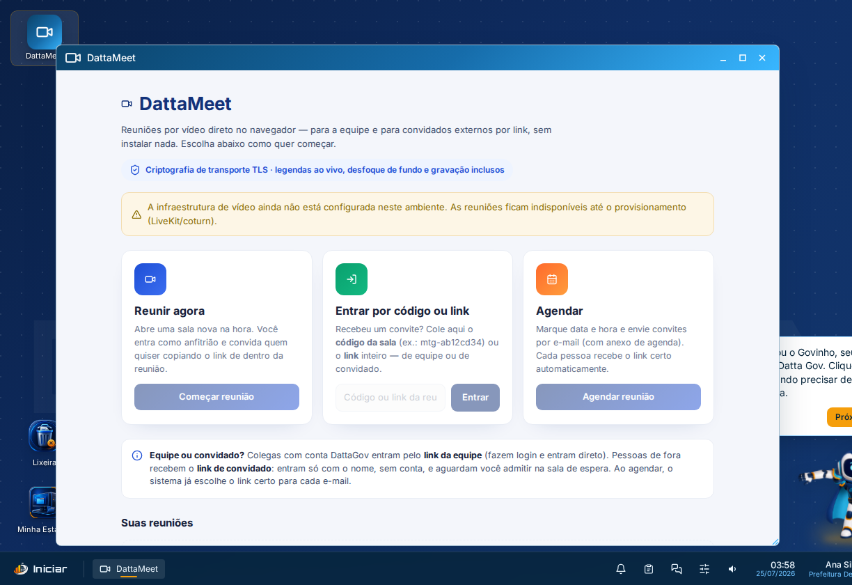 DattaMeet do WorkGov com as opções de iniciar reunião, entrar por código e agendar.