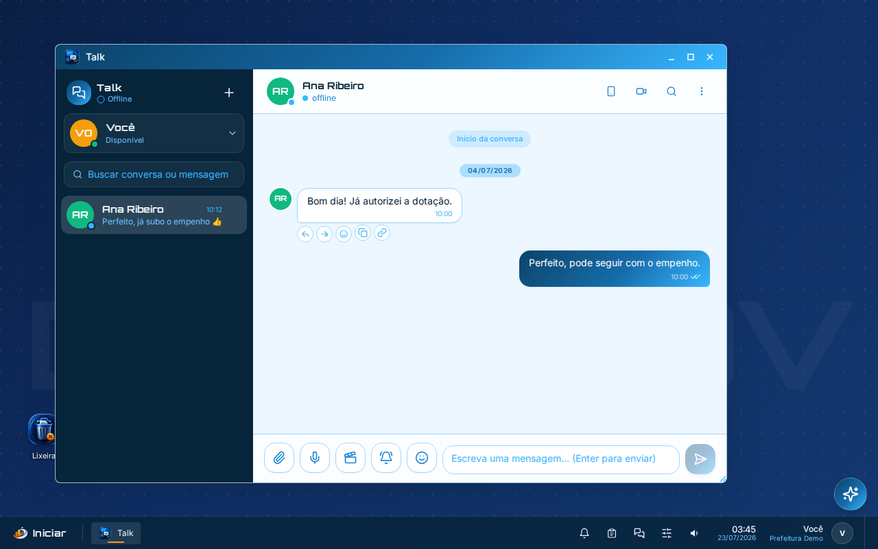 Talk do WorkGov com uma conversa entre servidores sobre a autorização de um empenho.